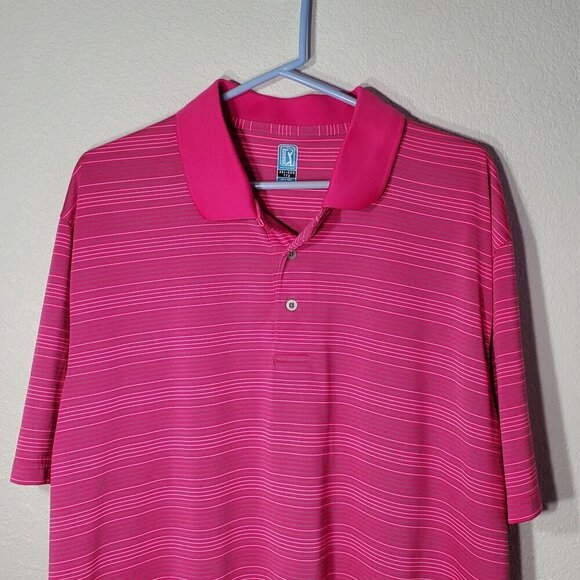 PGA Tour Mens XXL Pink Striped Short Sleeve Polo Shirt 100% Polyester - Picture 2 of 6